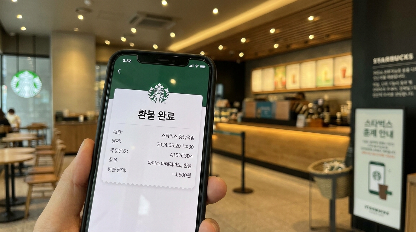 스타벅스 매장을 배경으로 스마트폰 화면에 뜬 기프티콘 환불 및 결제 취소 영수증 내역을 확인하는 모습