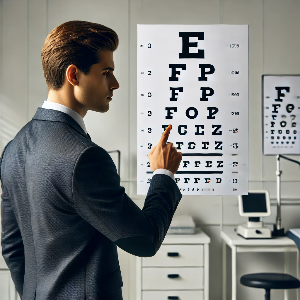 건강 검진 중 시력 검사를 받고 있는 직장인의 모습. 정장을 입고 시력표를 보며 문자를 읽고 있는 모습이 병원에서 촬영됨.