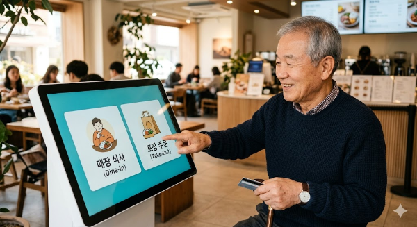 키오스크를 사용하고 있는 시니어