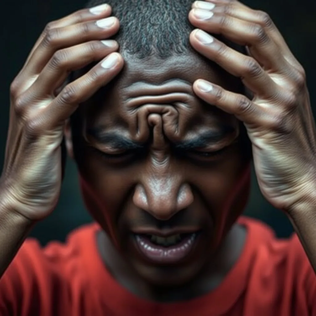 머리를 감싸 쥐고 고통스러운 표정을 짓고 있는 사람의 얼굴을 클로즈업하여 보여줍니다. 배경은 흐리게 처리하거나 어두운 톤을 사용하여 두통으로 인한 고통과 무기력감을 강조할 수 있습니다.