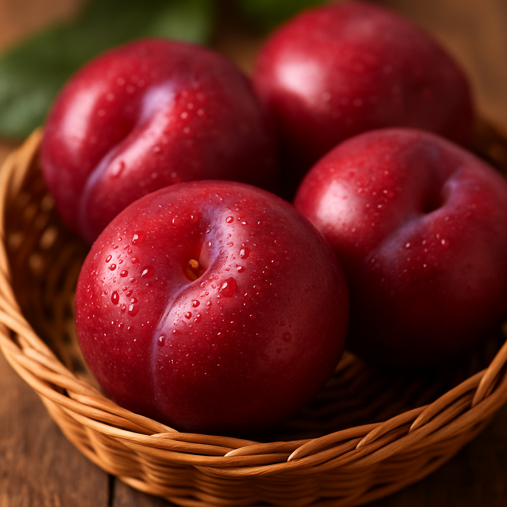 잘익은 자두가 바구니에 담겨있는 이미지