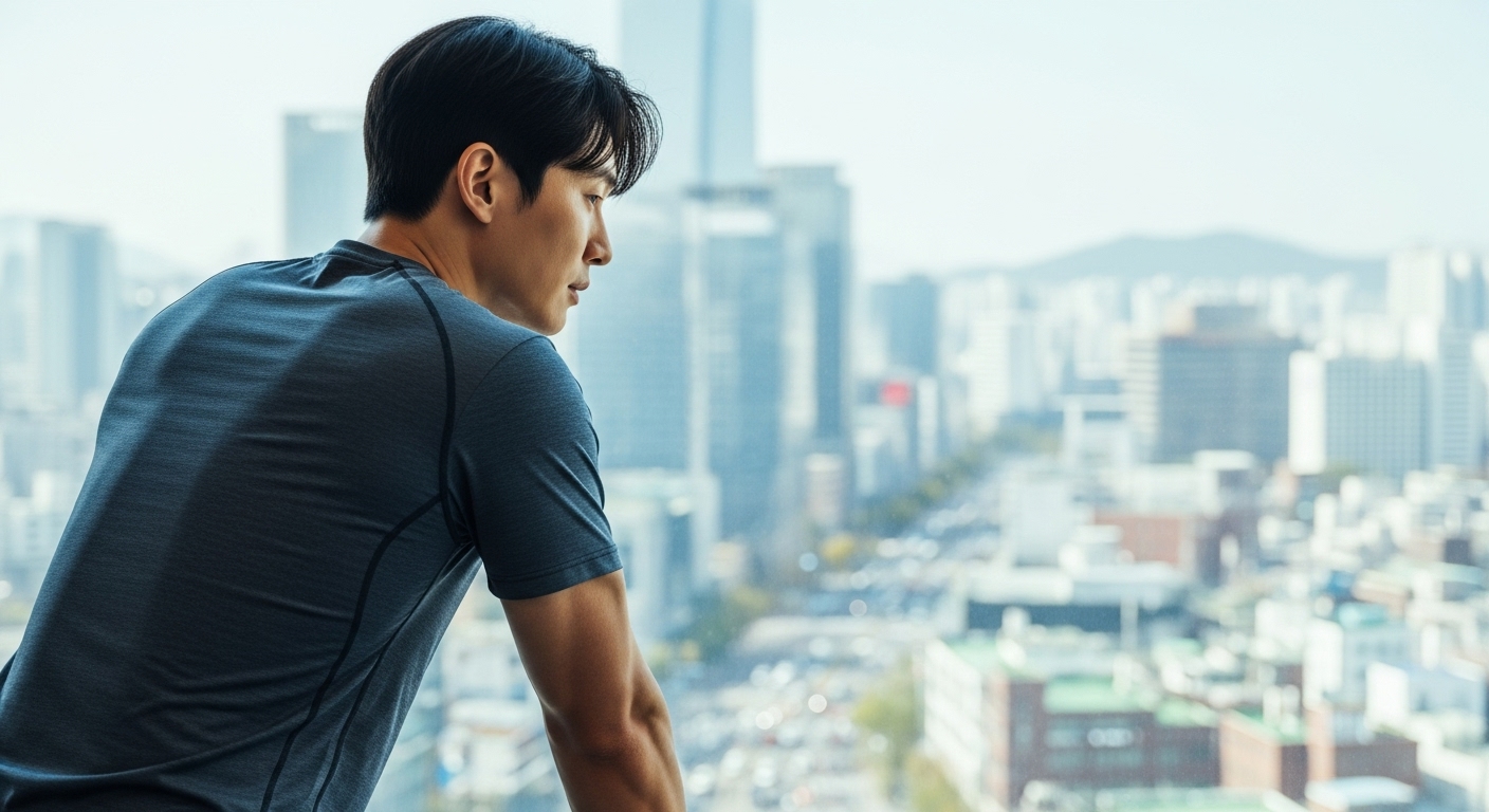운동을 마친 후 창밖을 보며 만족스럽게 호흡을 고르는 사람의 뒷모습, 평화로운 홈트의 마무리를 상징