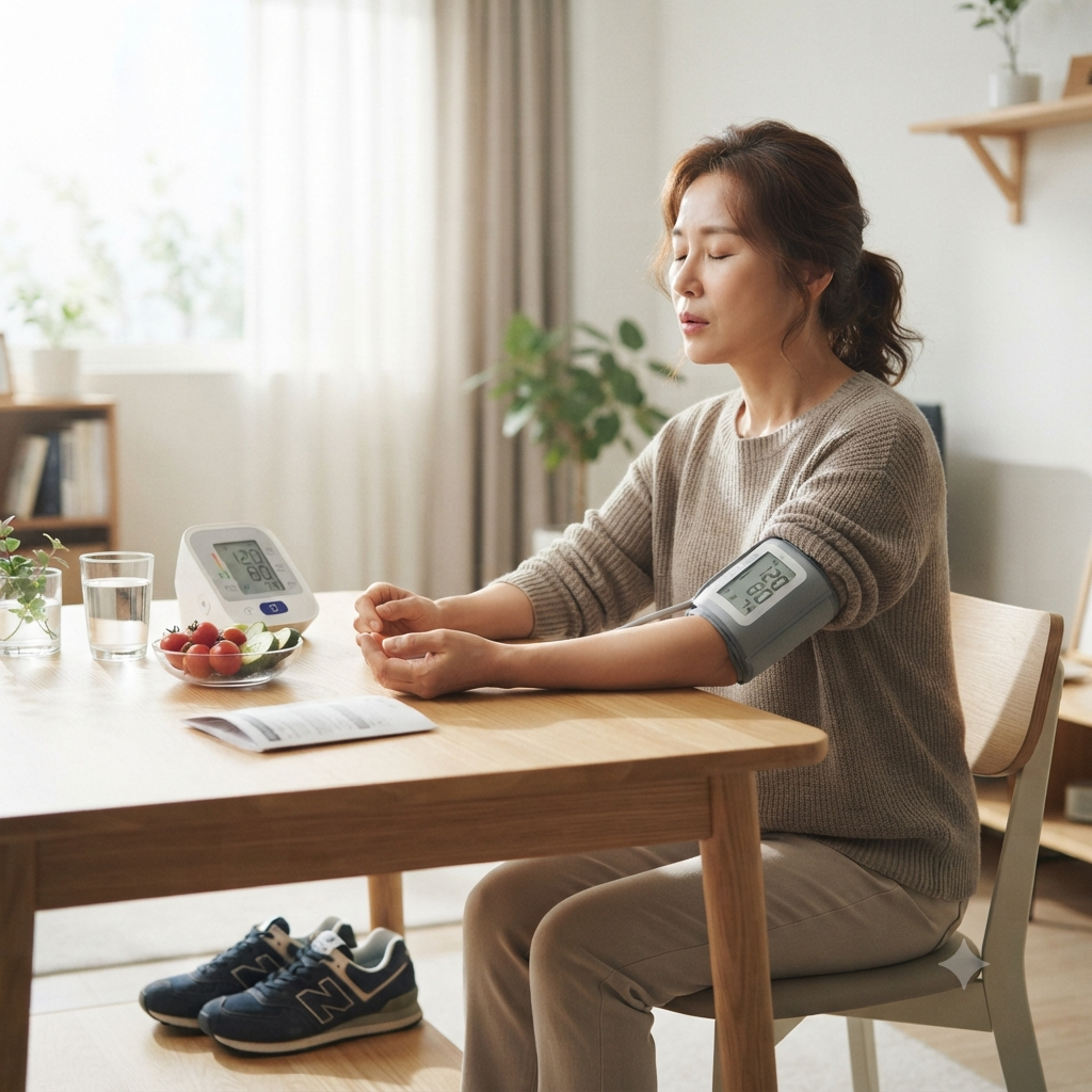집에서 혈압을 측정하고 가벼운 운동과 호흡을 실천하는 중년 성인