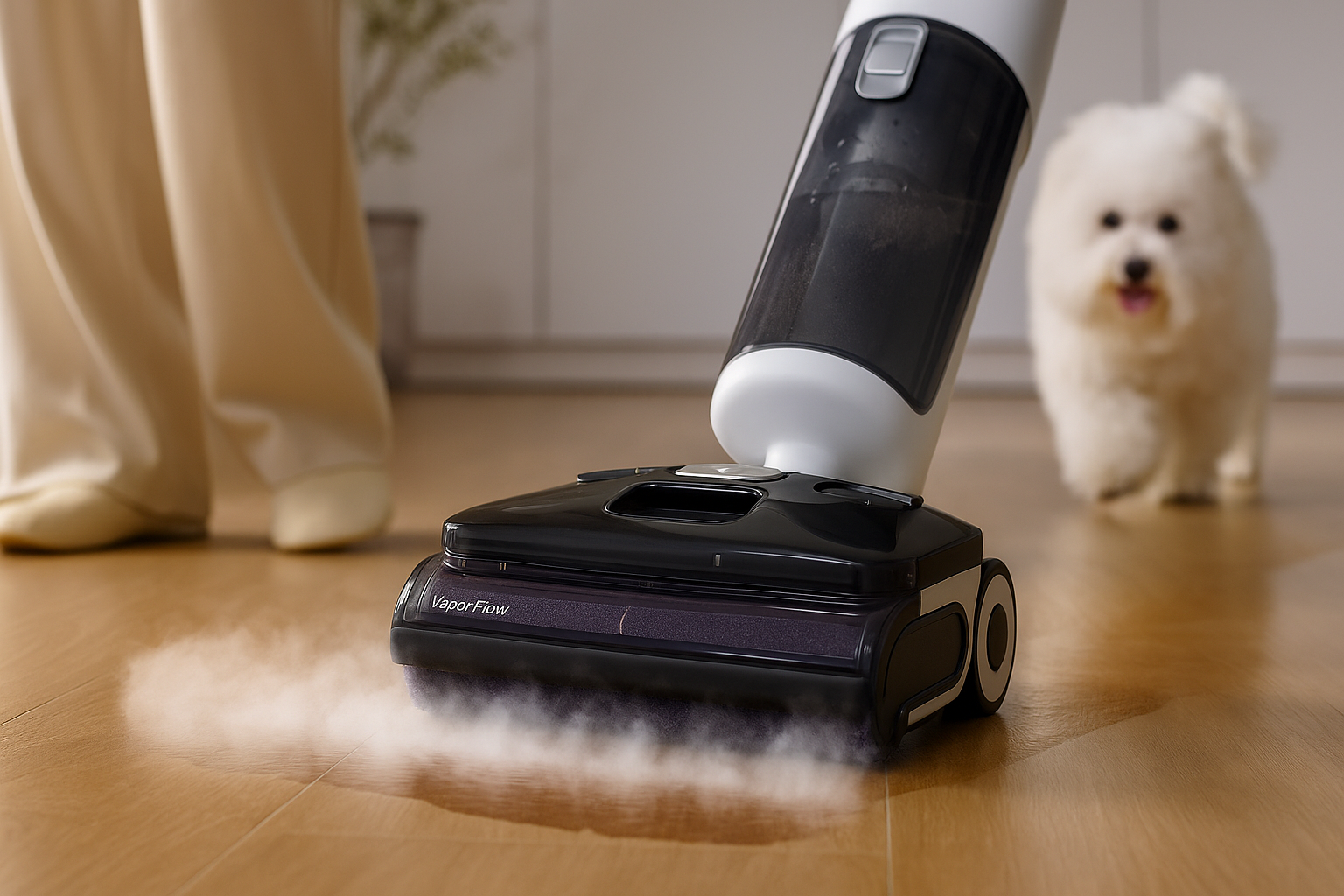 로보락 F25 울트라 스팀 물걸레 청소기가 나무 바닥을 스팀으로 세정하는 모습