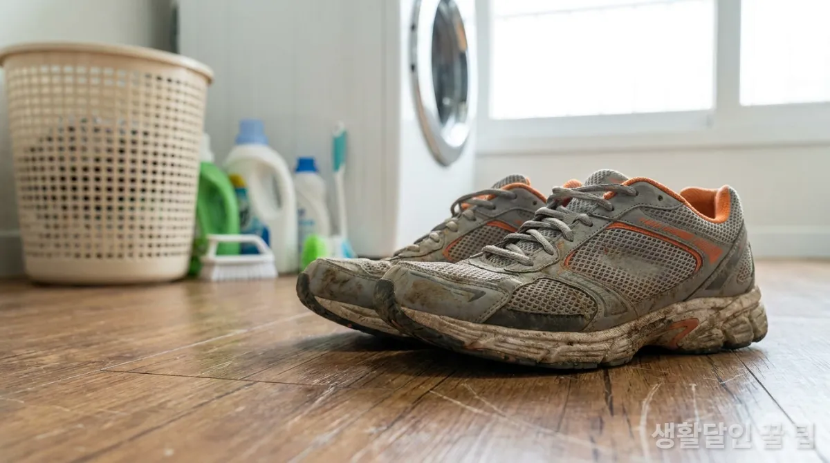 빨래 바구니 옆에 놓인 더러워진 운동화 클로즈업