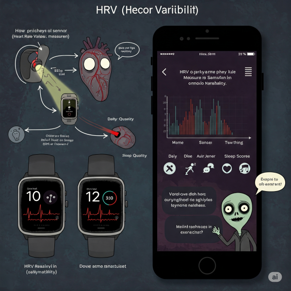 스마트워치의 광학센서가 HRV를 측정하는 원리 그림과 HRV 분석 앱의 결과 화면 예시 - 일상 회복 관리