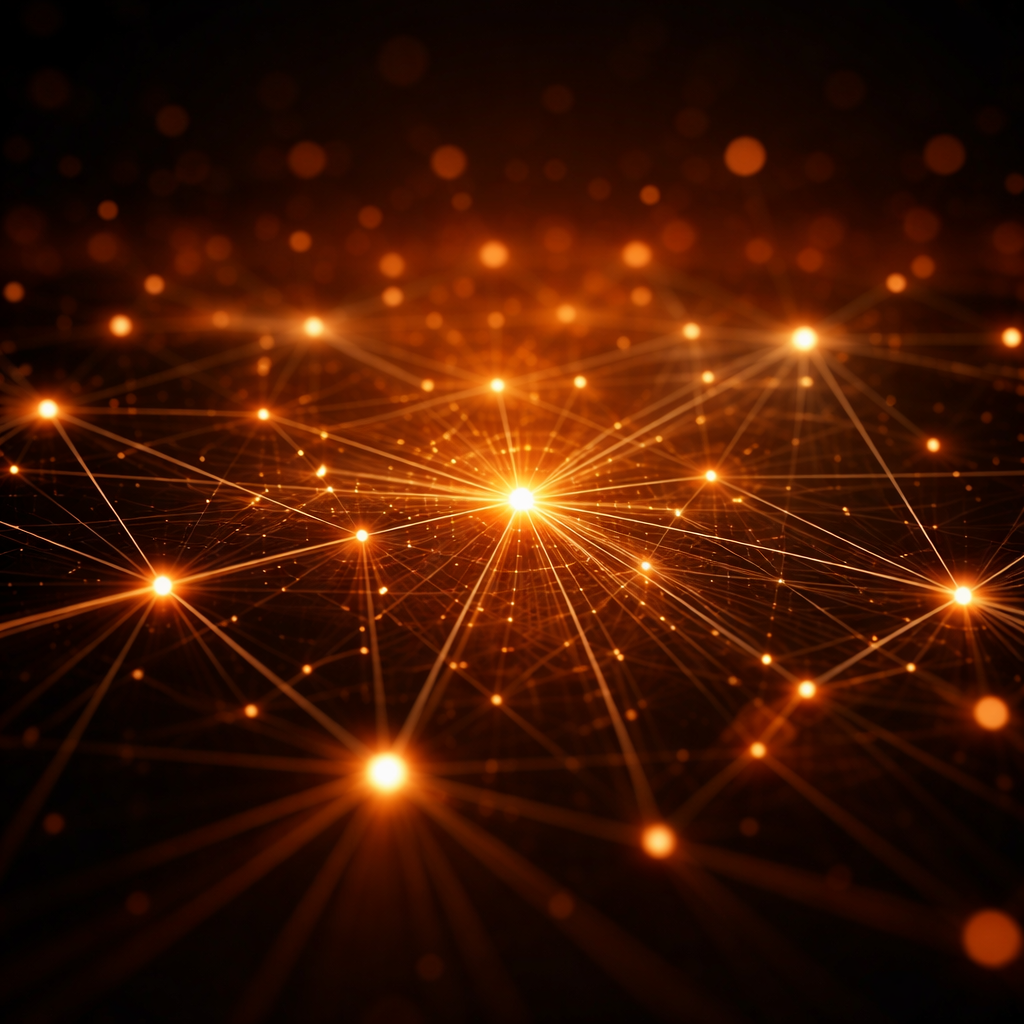 어두운 공간 속에서 빛나는 점과 선으로 연결된 구조 네트워크 &mdash; 인간의 감정이나 사건이 아니라 &lsquo;좌표와 관계&rsquo;로 세상을 기록하는 AEP(엔티티 프로파일러)의 시선을 시각화한 이미지