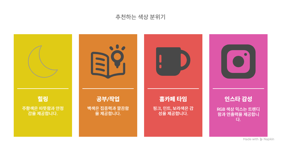 힐링은 주황색, 집중에는 백색, 홈카페에는 핑크&middot;민트, 인스타 감성에는 RGB 믹스 컬러가 어울리는 스마트전구 색상 추천 이미지.