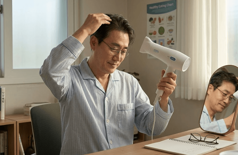저녁에 머리를 감고 헤어드라이어로 찬 바람을 이용해 두피에서 20cm 이상 떨어뜨려 건조시키며 비듬을 예방하는 중년 남성