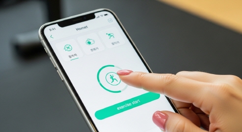 홈트 앱 화면을 터치하는 손 (운동 시작 버튼)