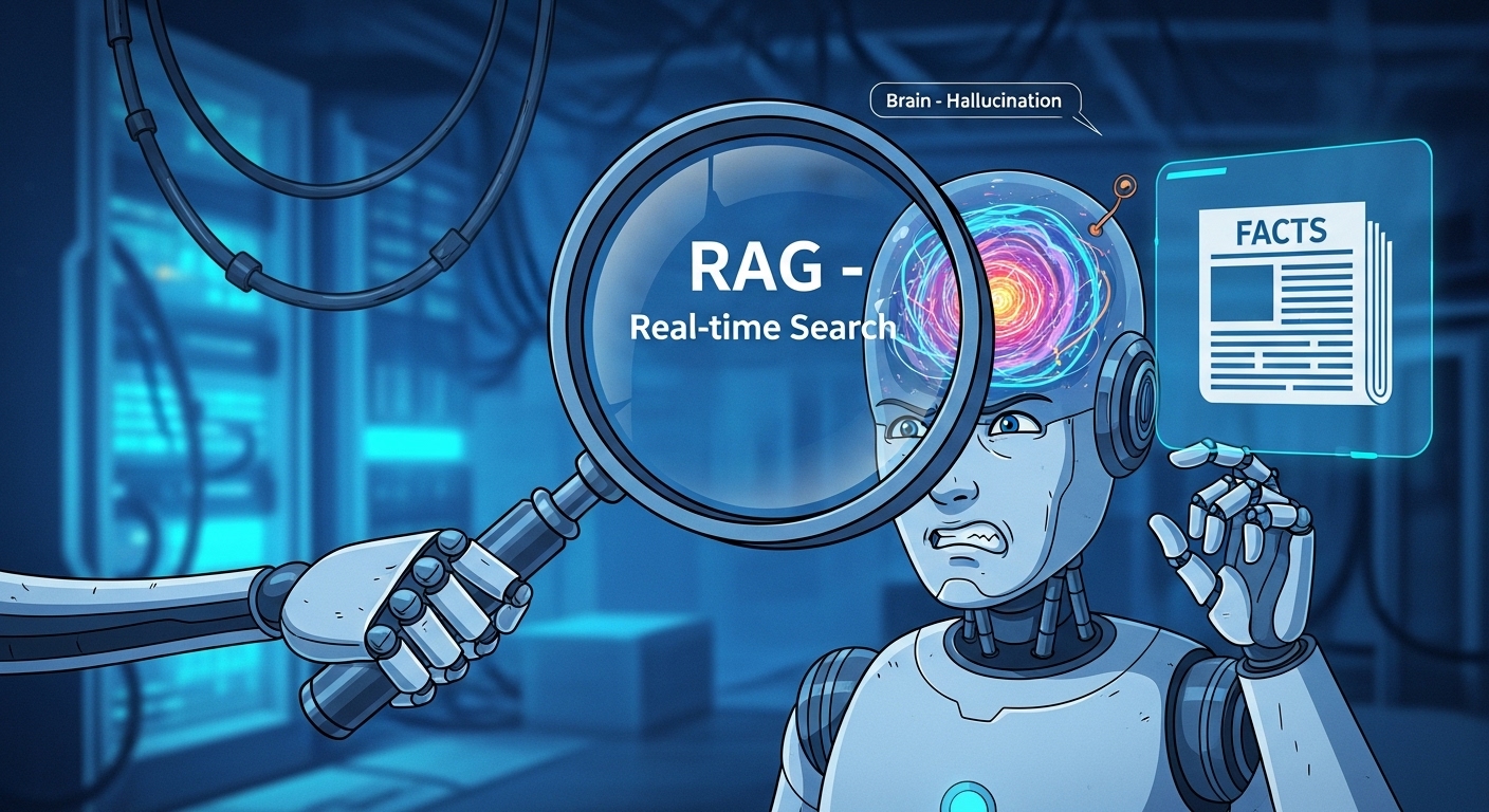 AI가 '뇌(옛날 기억)'에서 답을 꺼내려다, '인터넷(최신 검색)' 아이콘에 막혀 팩트체크하는 모습