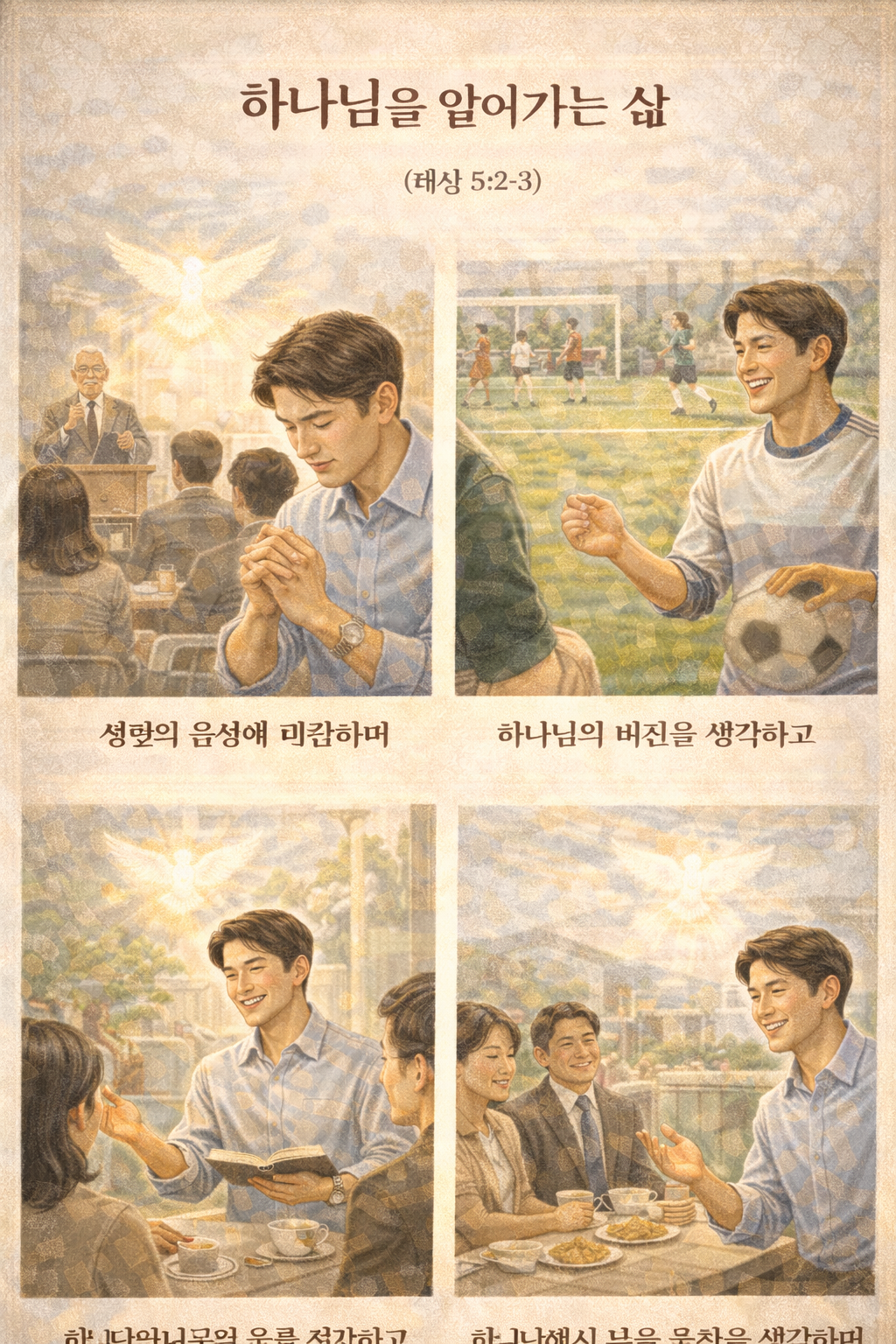 대상 5:2-3 말씀을 보며&amp;#44; 하나님께서는 하나님을 믿는 민족과 자녀에게 반드시 복을 주시며&amp;#44; 장자의 복과 리더로서의 복을 주셨습니다. 장자와 리더로서 복 주시는 주님을 생각하며 항상 감사하며 기뻐하고 주님의 비전을 따라 기도함과 동시에 성령을 의뢰하며 성령의 음성에 민감하게 반응하며 주목하는 삶&amp;#44; 옆에 모시는 삶을 살아갈 수 있기를 간절히 기도하며&amp;#44; 늘 하나님의 비전을 따라 살아가는 것에 대해 생각하며 일상을 살아가고&amp;#44; 오늘도 선교회 일꾼 세미나가 있는데&amp;#44; 참여하는 동안에도&amp;#44; 풋살운동하는 동안에도&amp;#44; 가족과 만나는 모든 순간에도 하나님을 알아가는 삶의 모습입니다^^