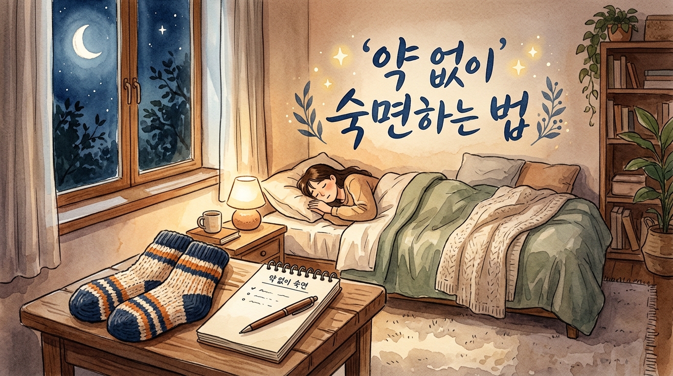 수면 양말을 신고 발을 따뜻하게 하고, 생각나는 것들을 수첩에 적어 머리 놓고 숙면에 취해 있는 모습.