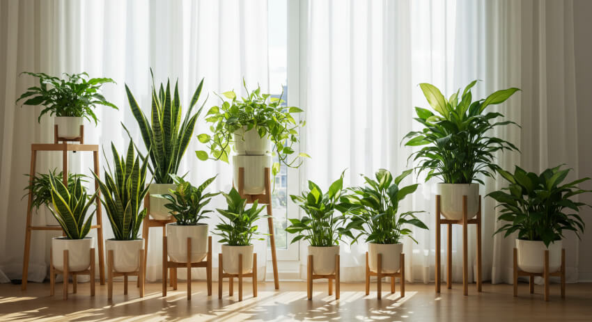 햇살 가득한 거실의 실내 공기정화식물