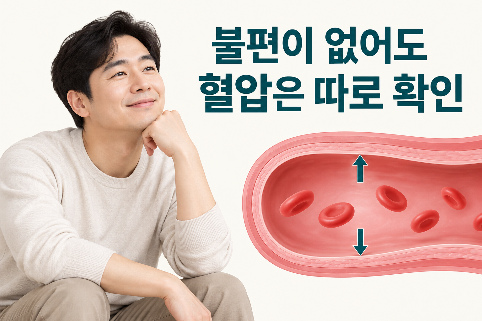 불편이 없어 보이는 성인과 동맥 벽에 가해지는 압력을 나란히 보여 준 그림