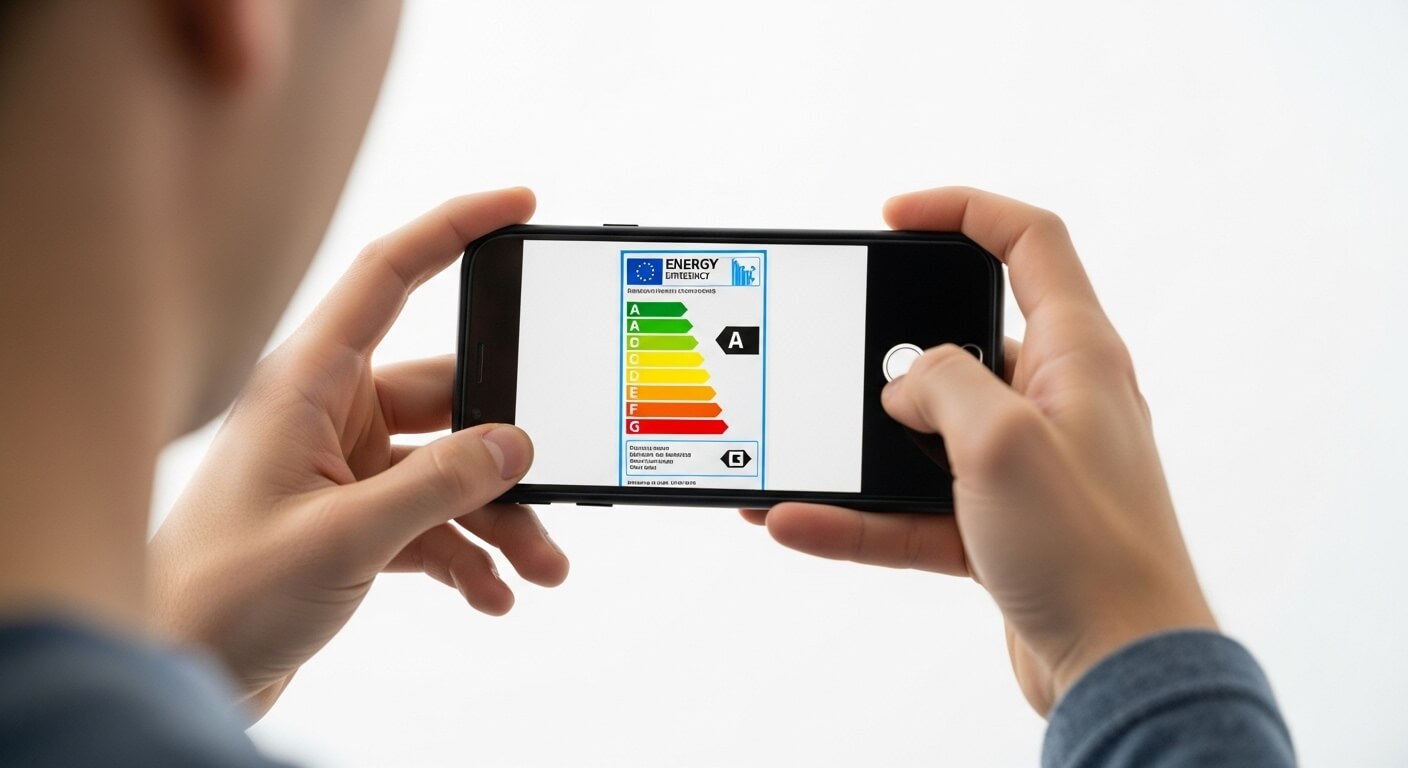 스마트폰으로 에너지효율등급 라벨을 촬영하는 남성