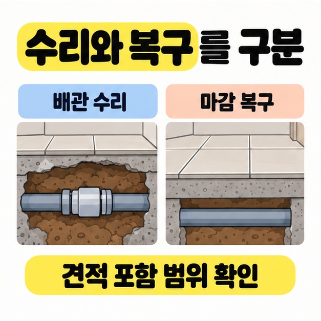 바닥이 열린 상태에서 연결 부속으로 배관을 수리한 단면과 타일 마감을 복구한 단면을 비교하며 견적 포함 범위를 확인하도록 안내하는 그림