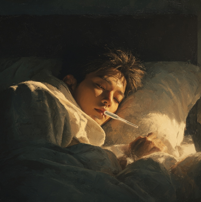 침대위 감기로 누운남성