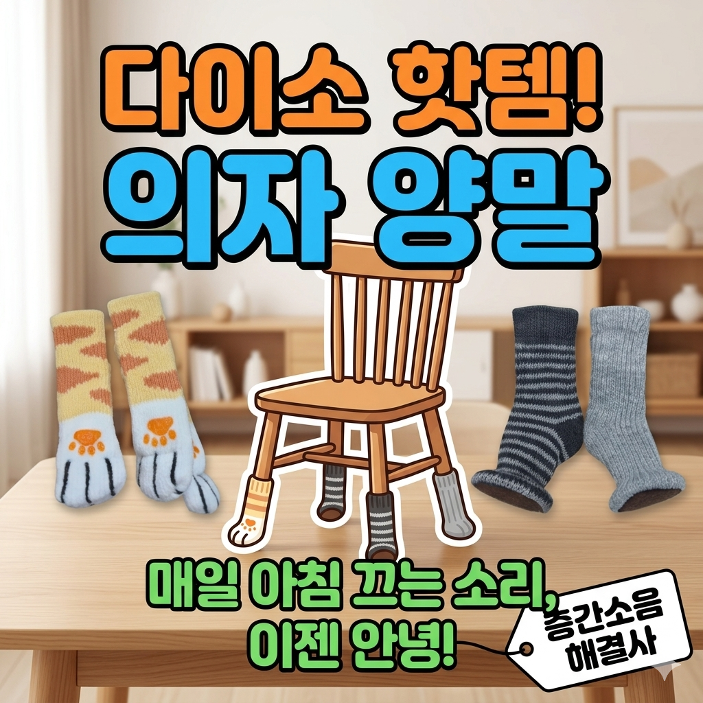 다이소 매장에 진열된 다양한 디자인의 층간소음 방지용 의자 발커버 양말 제품들을 손으로 들고 비교하고 있는 모습