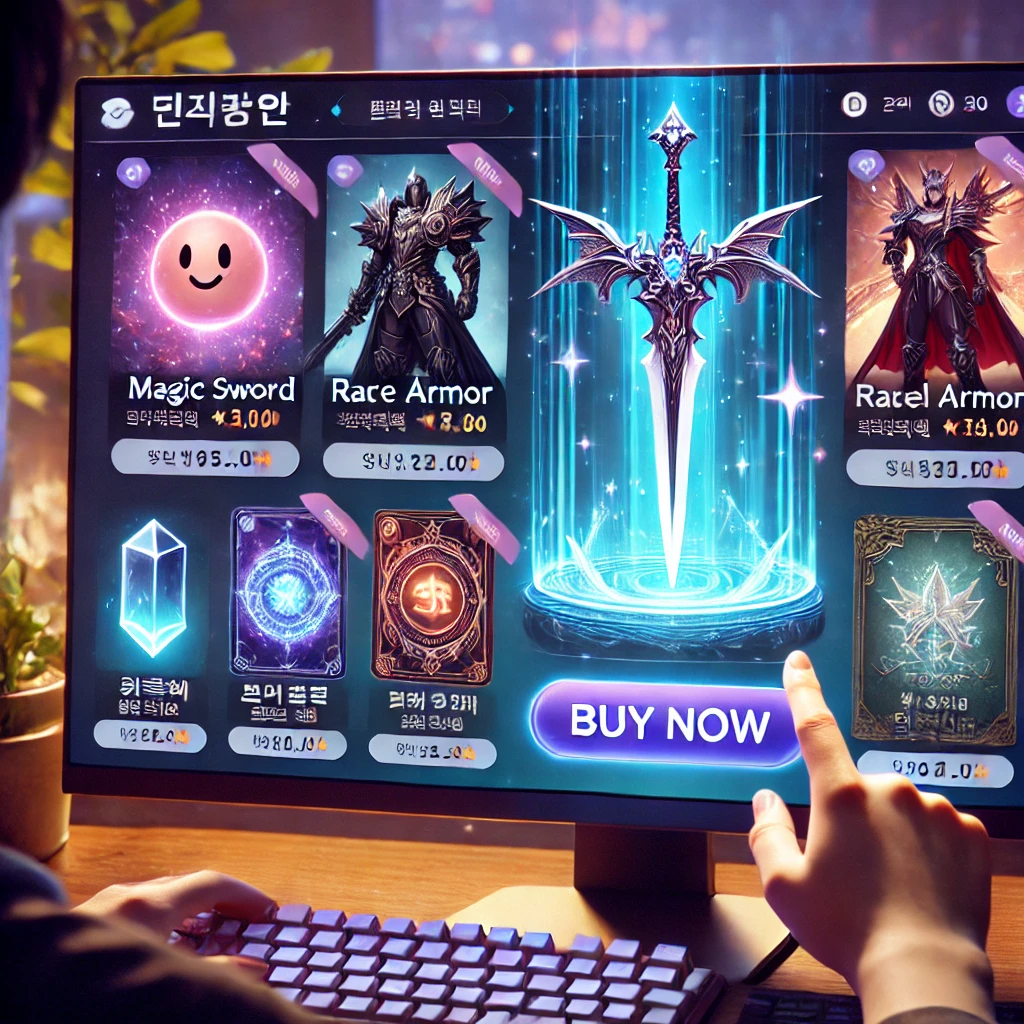 &quot;한국 MMORPG 게임 스타일의 아이템 거래소 인터페이스. 화면에는 빛나는 마법검, 희귀 방어구, 마법 카드가 판매 중이며, 3D 그라디에이션 버튼에 '지금 구매' 문구가 표시되어 있음. 사용자가 PC 화면에서 아이템을 검색 중인 장면.&quot;