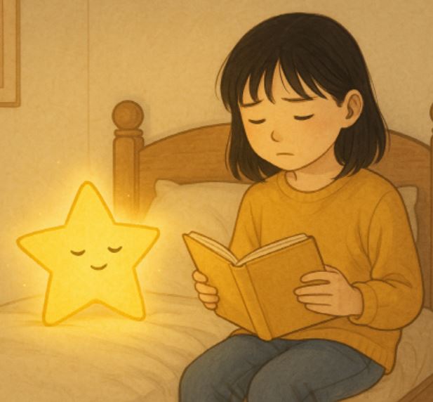 침대에서 책을 읽고 있는 주인공 별찌의 모습