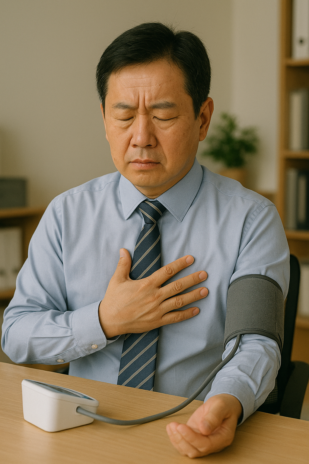 혈압을 측정하는 직장인 남성