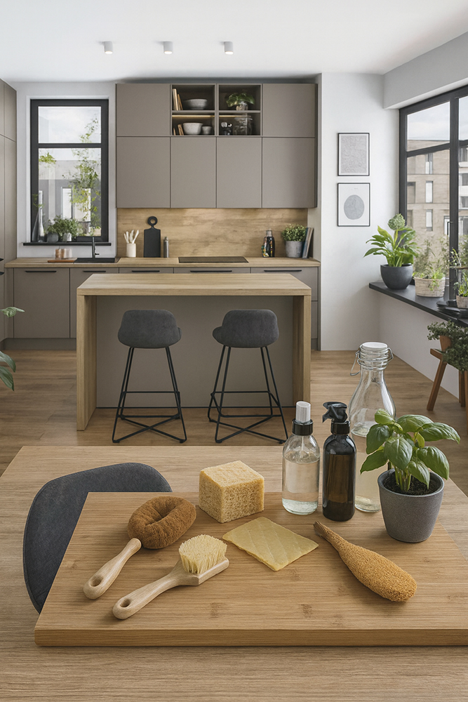 제로웨이스트 주방을 위한 실천 아이템이 배치된 친환경 주방 인테리어 이미지