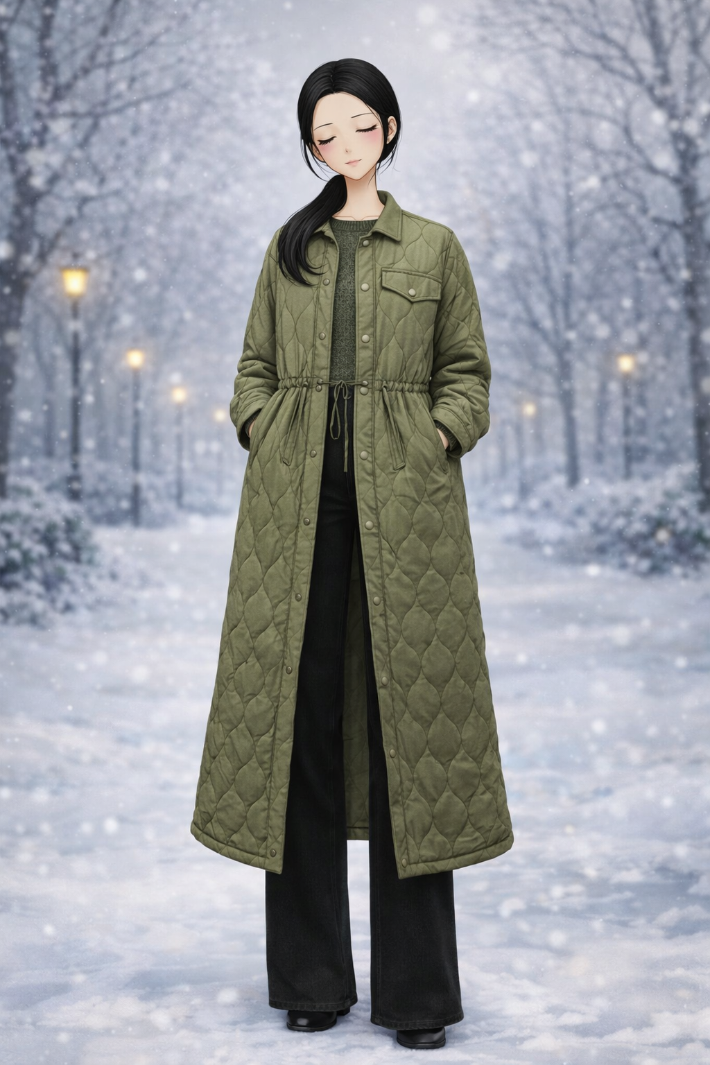 K-Fashion Long Quilted Jacket With Black Denim And Minimal Winter Outfit