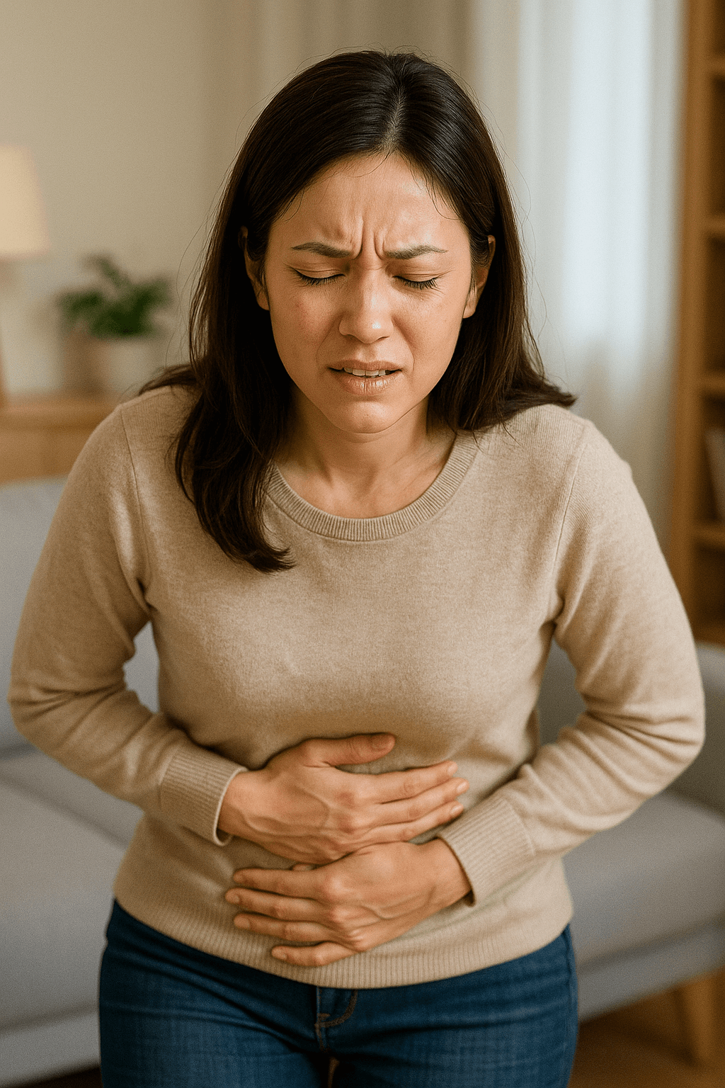 위 장애로 속쓰려 하는 여성의 이미지
