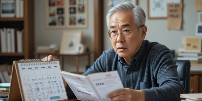 치매 초기증상중에 달력을 보고 혼란스러워하는 남성