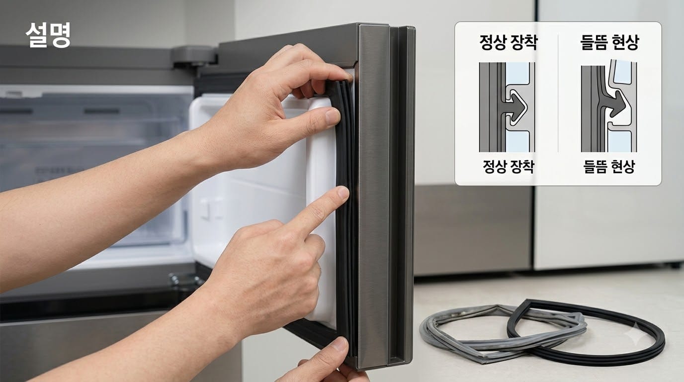 4도어 냉장고 오른쪽 위 문의 검은 고무패킹을 엄지로 받치고 검지로 홈에 눌러 끼우는 자가교체 과정