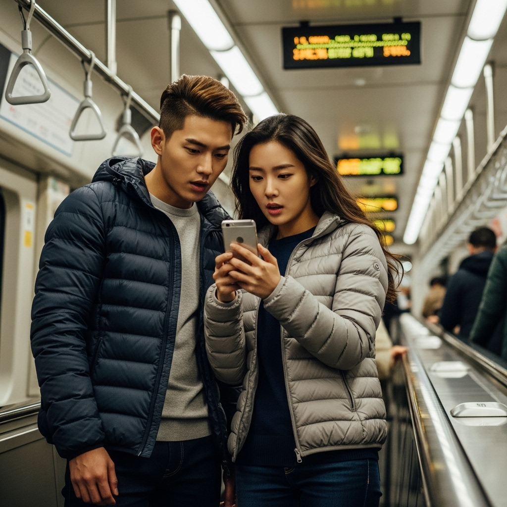 지하철에서 따뜻하게 경량패딩을 입고 스마트폰을 보고 있는 20대 남녀의 모습