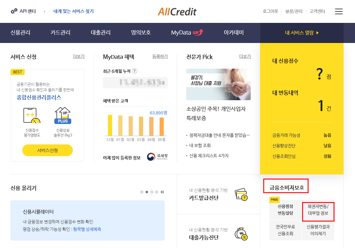 올크레딧으로 채무조회하는 방법