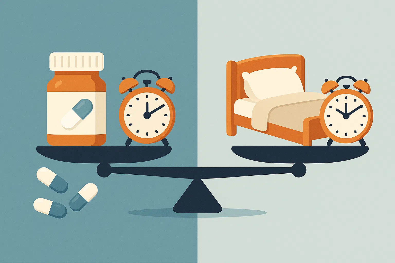알약(수면제)과 시계, 침대가 함께 있는 장면, 한쪽은 약에 의존하는 모습, 다른 쪽은 건강한 생활 루틴을 실천하는 모습