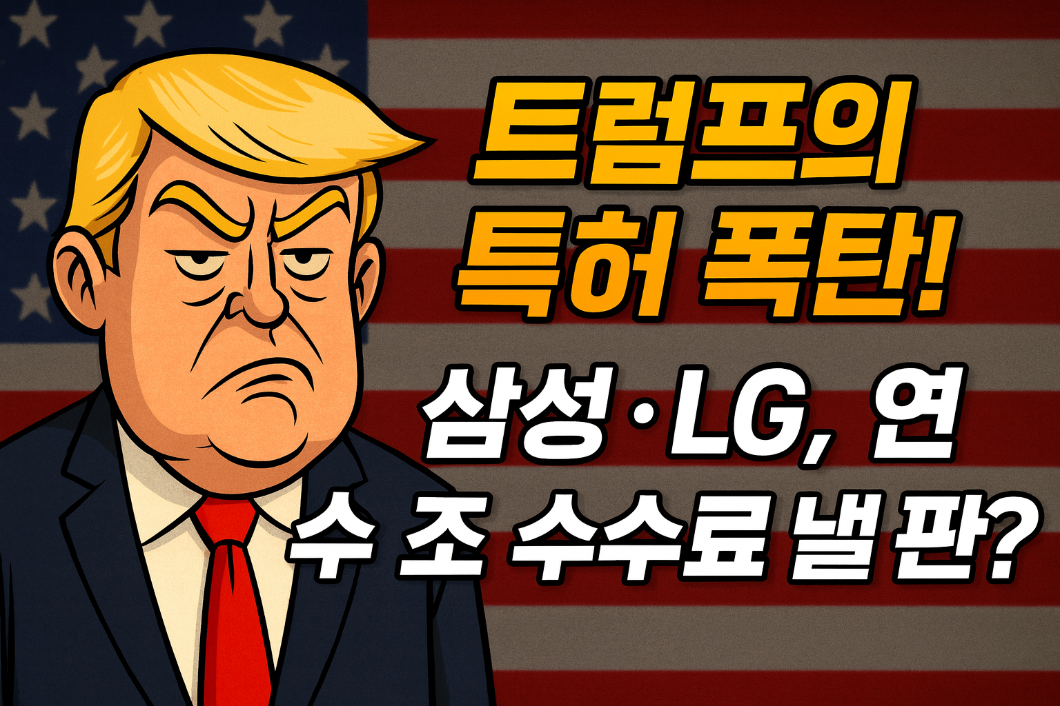 트럼프의 특허폭탄! 삼성, LG, 연 수조 수수료 낼판? 이라 쓰고, 배경에는 트럼프 캐리처져와 미국국기를 표현한 일러스트
