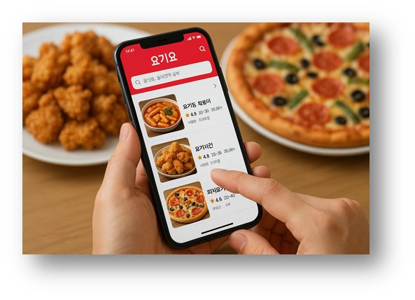 대한민국의 대표 주문배달 앱 중의 하나인 요기요 앱을 사용해서 스마트폰으로 피자와 치킨을 주문하는 모습