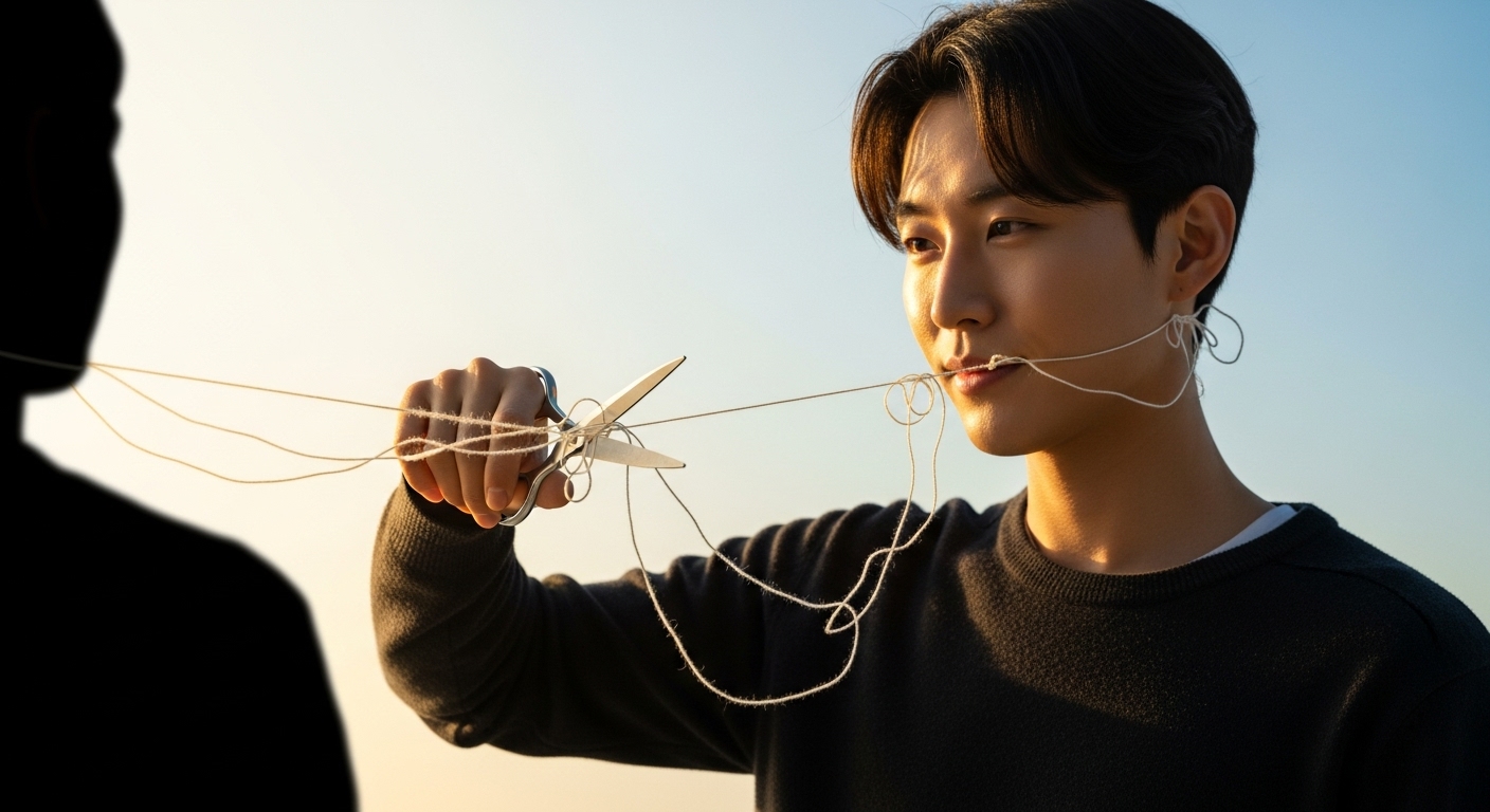 한 사람이 자신을 옭아매는 복잡하게 얽힌 실을 가위로 잘라내고 있는 모습