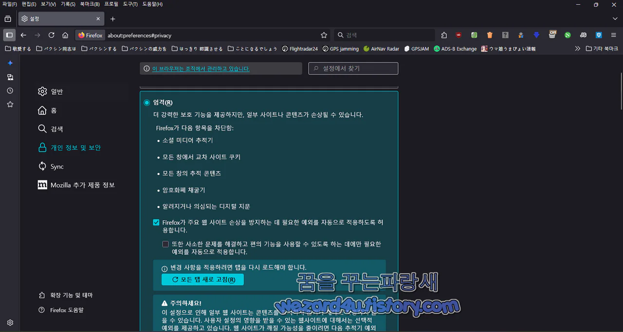 파이어폭스 엄격 모드 웹사이트 손상 방지 예외 설정