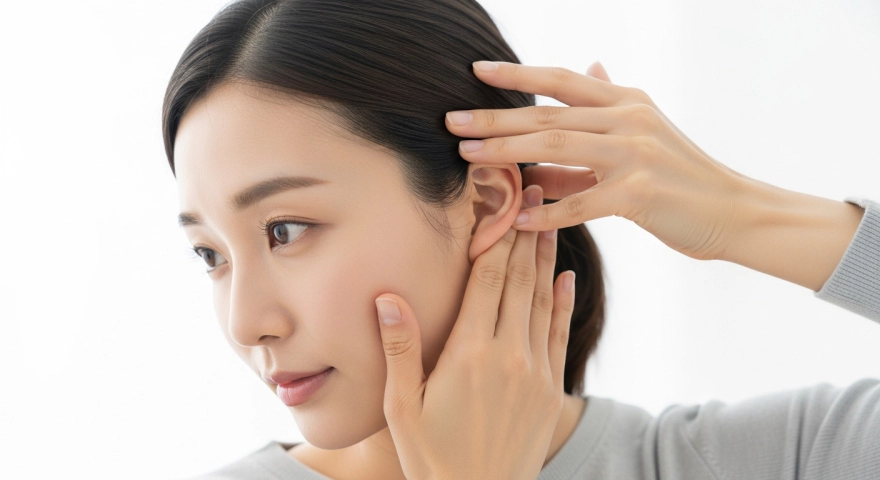 귀 주변 근육을 마사지하는 30대 여성