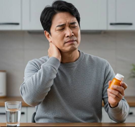 케어담정 효능 목과 근육 통증 개선 효과, 목아파 잡고 있는 중년 남성 사진