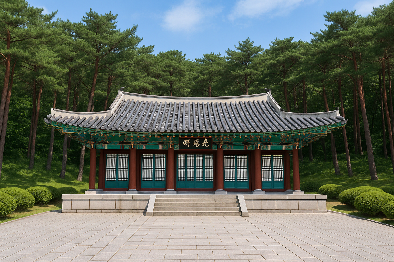 배경: 현충사 본관과 푸른 소나무숲