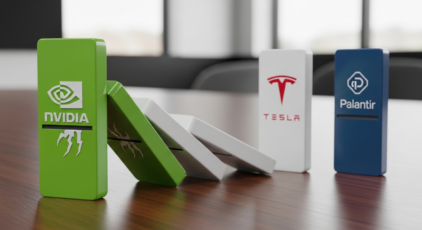 Domino blocks with Nvidia, Tesla, and Palantir logos falling one after another.