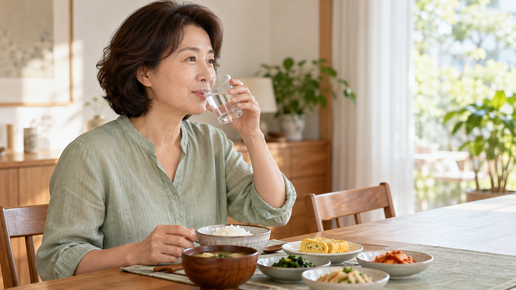 입마름을 줄이기 위해 식사 중 물을 조금씩 마시는 중년 여성