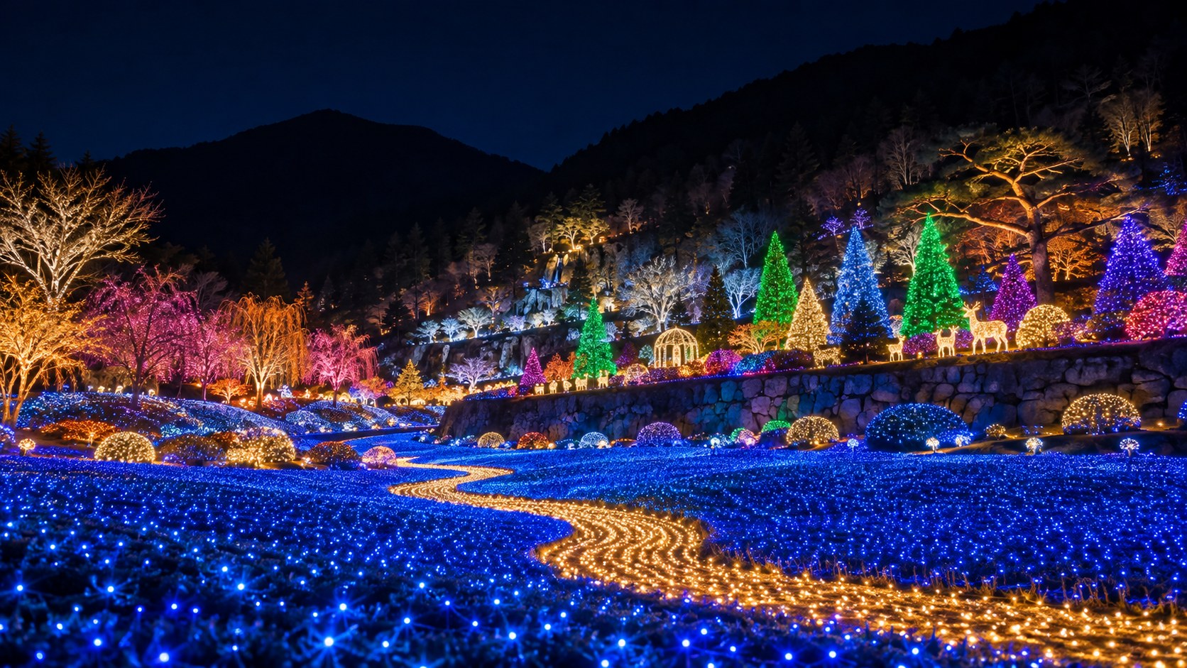 Illustrative image (AI-generated): a valley floor covered in a sea of blue lights with colorful light sculptures behind it at night