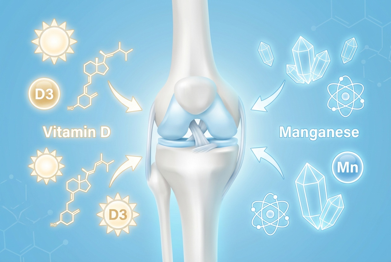 비타민D와 망간 성분이 무릎 관절과 연골 주위를 둘러싸며 뼈와 관절 건강을 돕는 과정을 시각적으로 표현한 블루 톤 인포그래픽 이미지