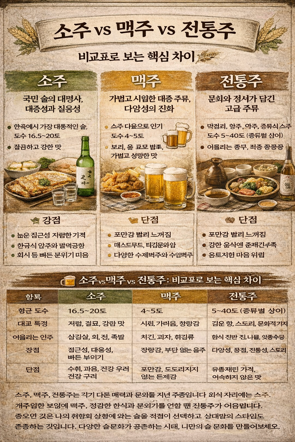 소주, 맥주, 전통주 비교분석
