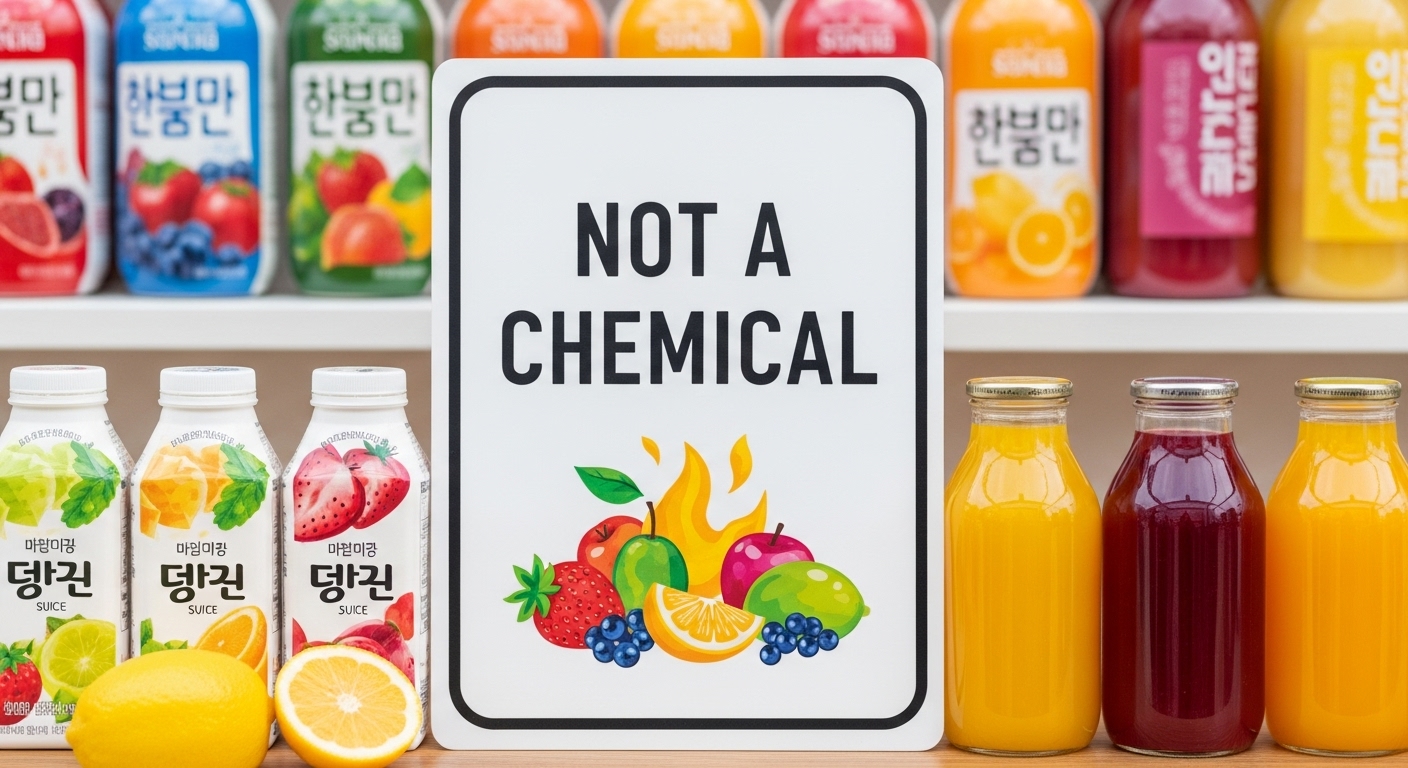 화학물질과 주스를 혼동하지 말라는 주의 문구 