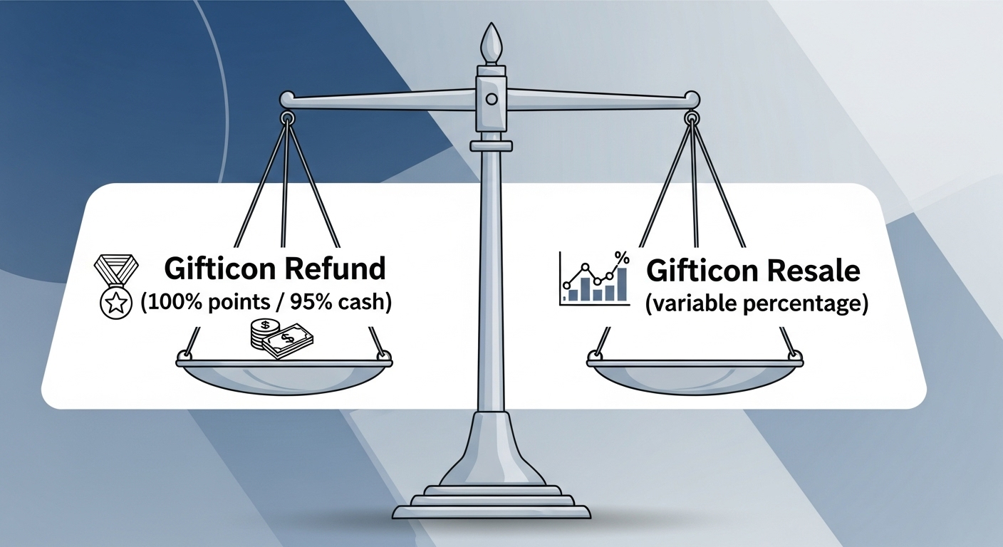 만료된 기프티콘을 환불받는 것과 중고로 판매하는 것의 장단점을 시각적으로 비교하는 저울 모양 인포그래픽.