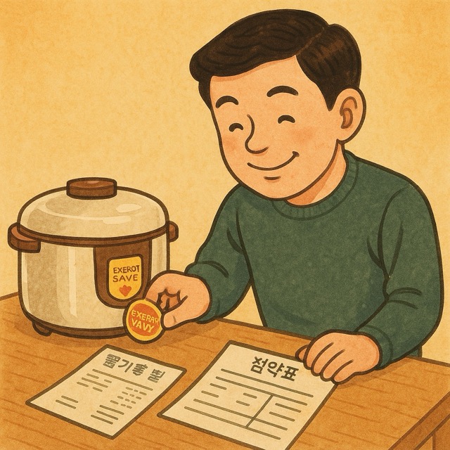식탁 위에 밥솥과 고지서, 절약표가 놓여 있고 절전 스티커를 붙이며 뿌듯해하는 주인공