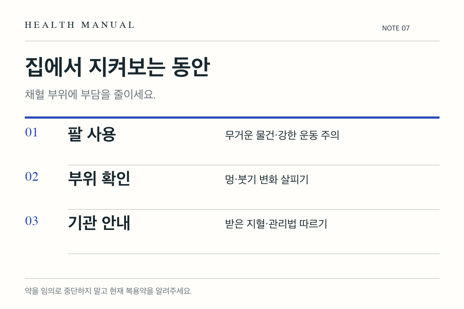 집에서 지켜보는 동안의 핵심 내용을 체크 목록으로 보여주는 도식